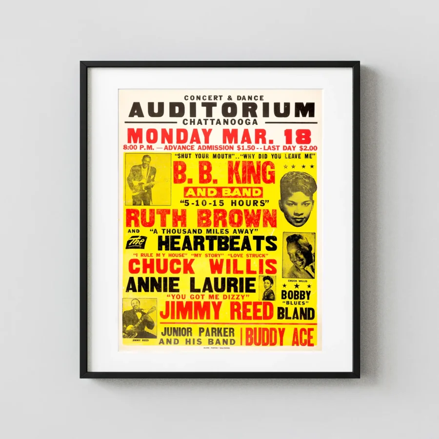 BB King, Ruth Brown Chattanooga Auditorium Large Concert Poster (1957) featuring cream, yellow, and orange vertical artwork.