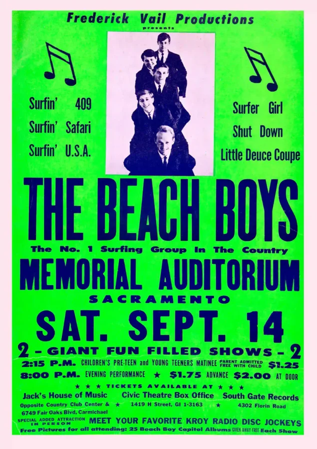 Beach Boys 1963 Sacramento, CA Fluorescent Green Concert Poster featuring green and pink vertical artwork.