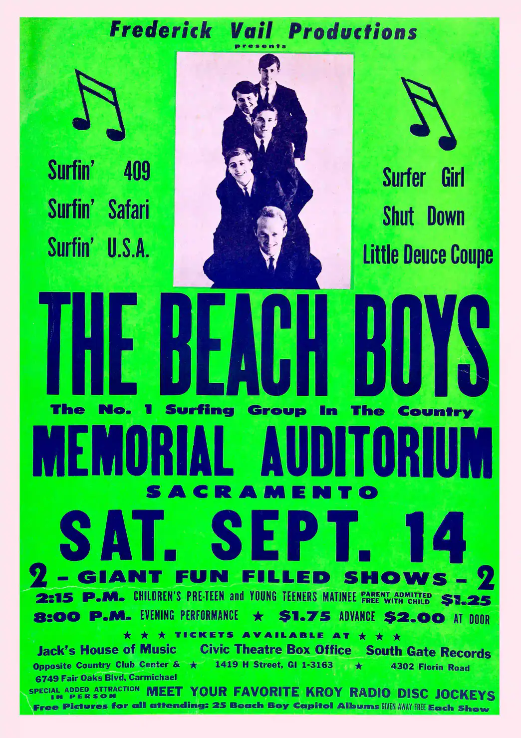 Beach Boys 1963 Sacramento, CA Fluorescent Green Concert Poster featuring green and pink vertical artwork.