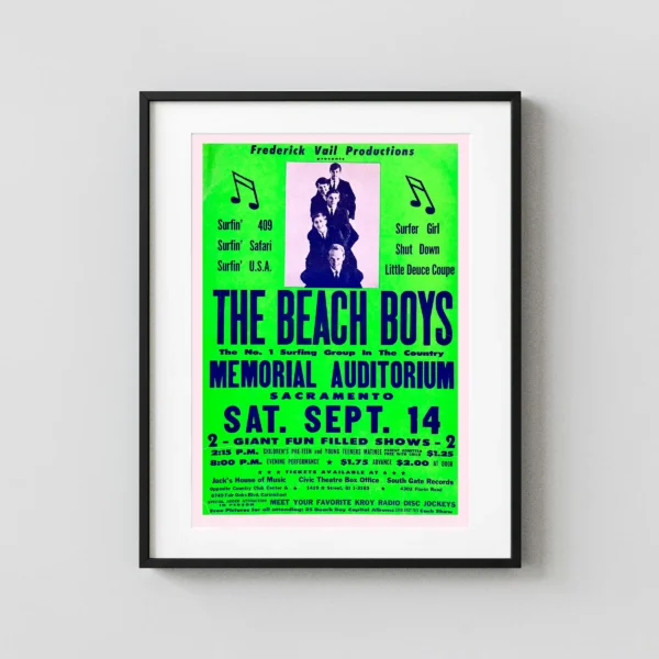 Beach Boys 1963 Sacramento, CA Fluorescent Green Concert Poster