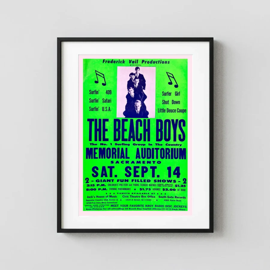 Beach Boys 1963 Sacramento, CA Fluorescent Green Concert Poster featuring green and pink vertical artwork.