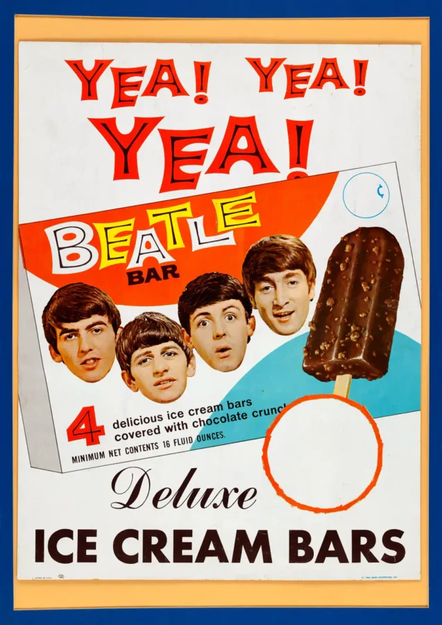 Beatles Ice Cream Bars Promotional Display Poster (NEMS, 1965) featuring light gray, yellow, and orange vertical artwork.