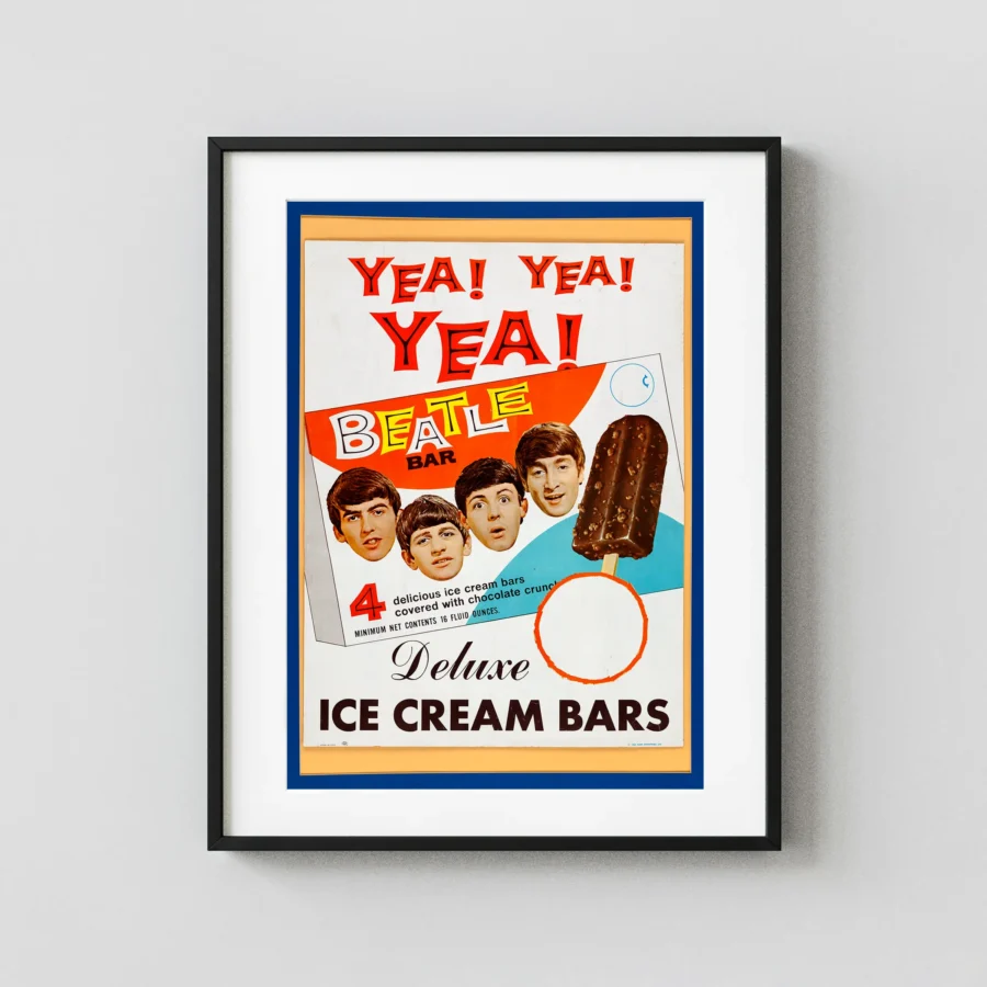 Beatles Ice Cream Bars Promotional Display Poster (NEMS, 1965) featuring light gray, yellow, and orange vertical artwork.