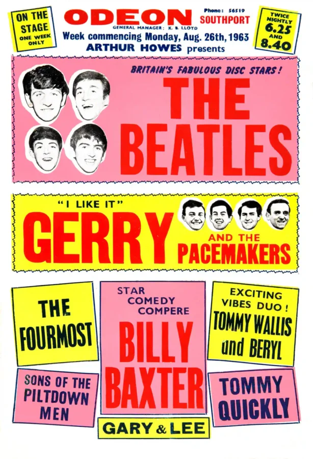 Beatles Southport Odeon Concert Poster (UK, 1963) featuring white, rose, and yellow vertical artwork.