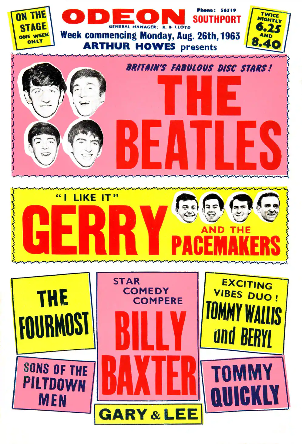 Beatles Southport Odeon Concert Poster (UK, 1963) featuring white, rose, and yellow vertical artwork.