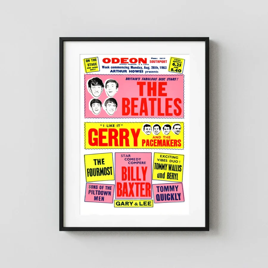Beatles Southport Odeon Concert Poster (UK, 1963) featuring white, rose, and yellow vertical artwork.