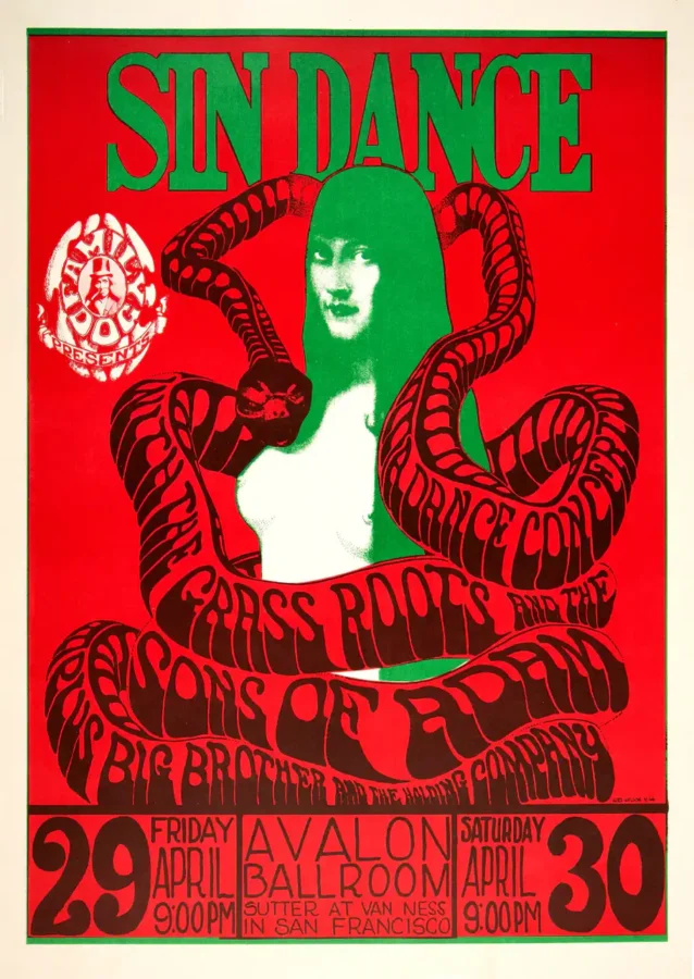 Big Brother & Holding Company 1966 "Sin Dance" Concert Poster featuring white, red, and deep green vertical artwork.