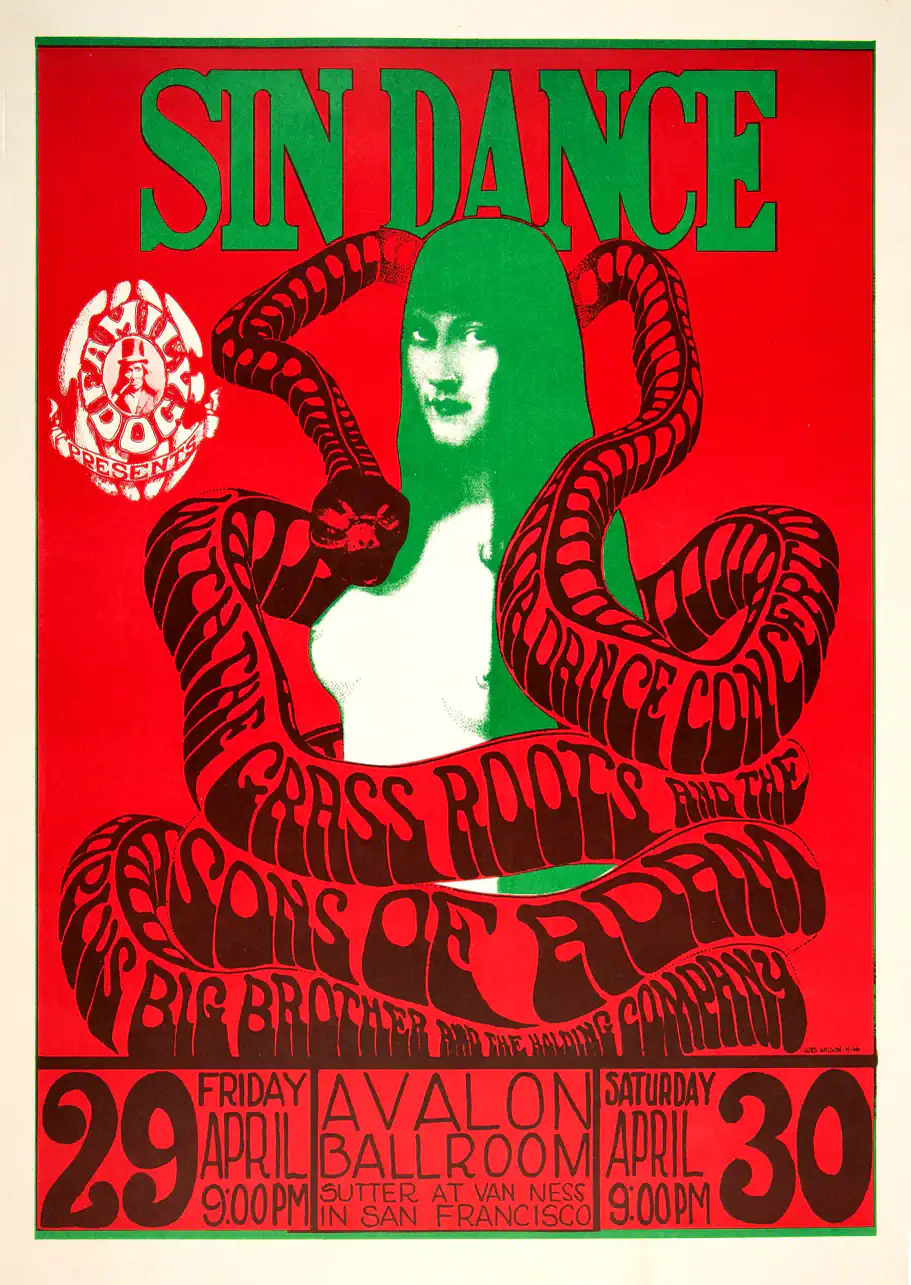 Big Brother & Holding Company 1966 "Sin Dance" Concert Poster featuring white, red, and deep green vertical artwork.
