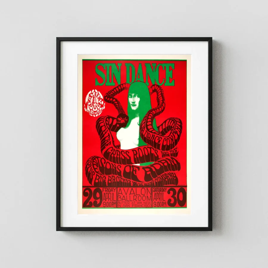Big Brother & Holding Company 1966 "Sin Dance" Concert Poster featuring white, red, and deep green vertical artwork.