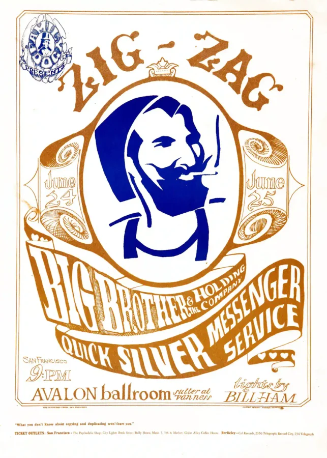 Big Brother & the Holding Company poster with white, cream, and yellow artwork and period lettering.