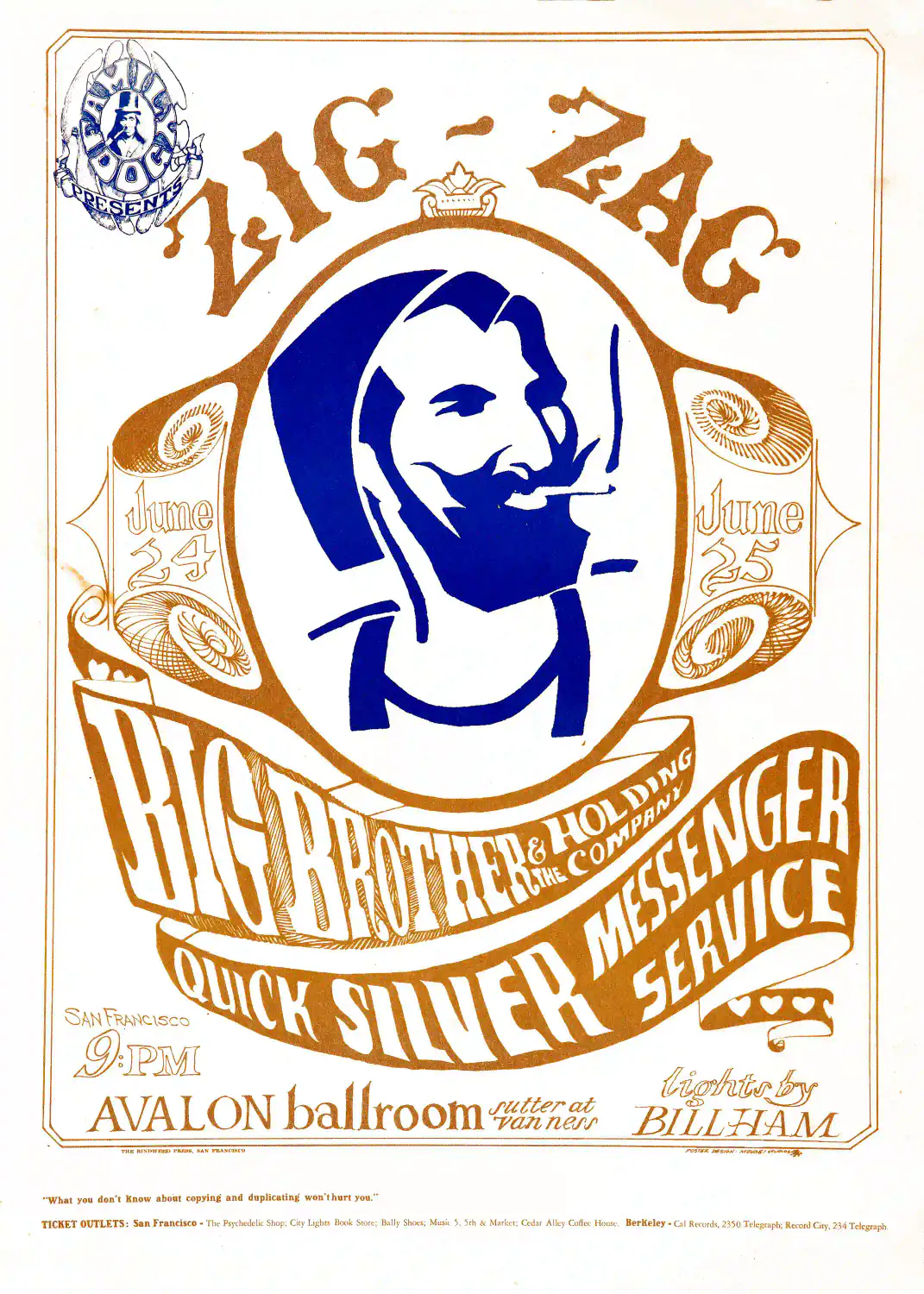 Big Brother & the Holding Company poster with white, cream, and yellow artwork and period lettering.