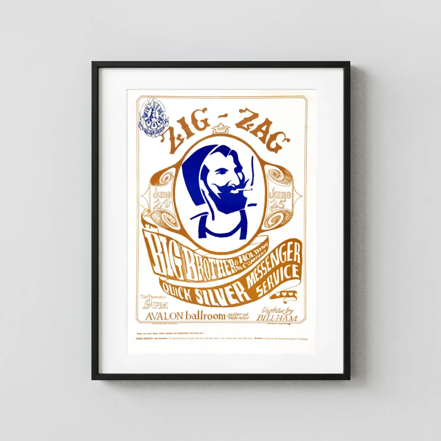 Big Brother & the Holding Company poster with white, cream, and yellow artwork and period lettering.