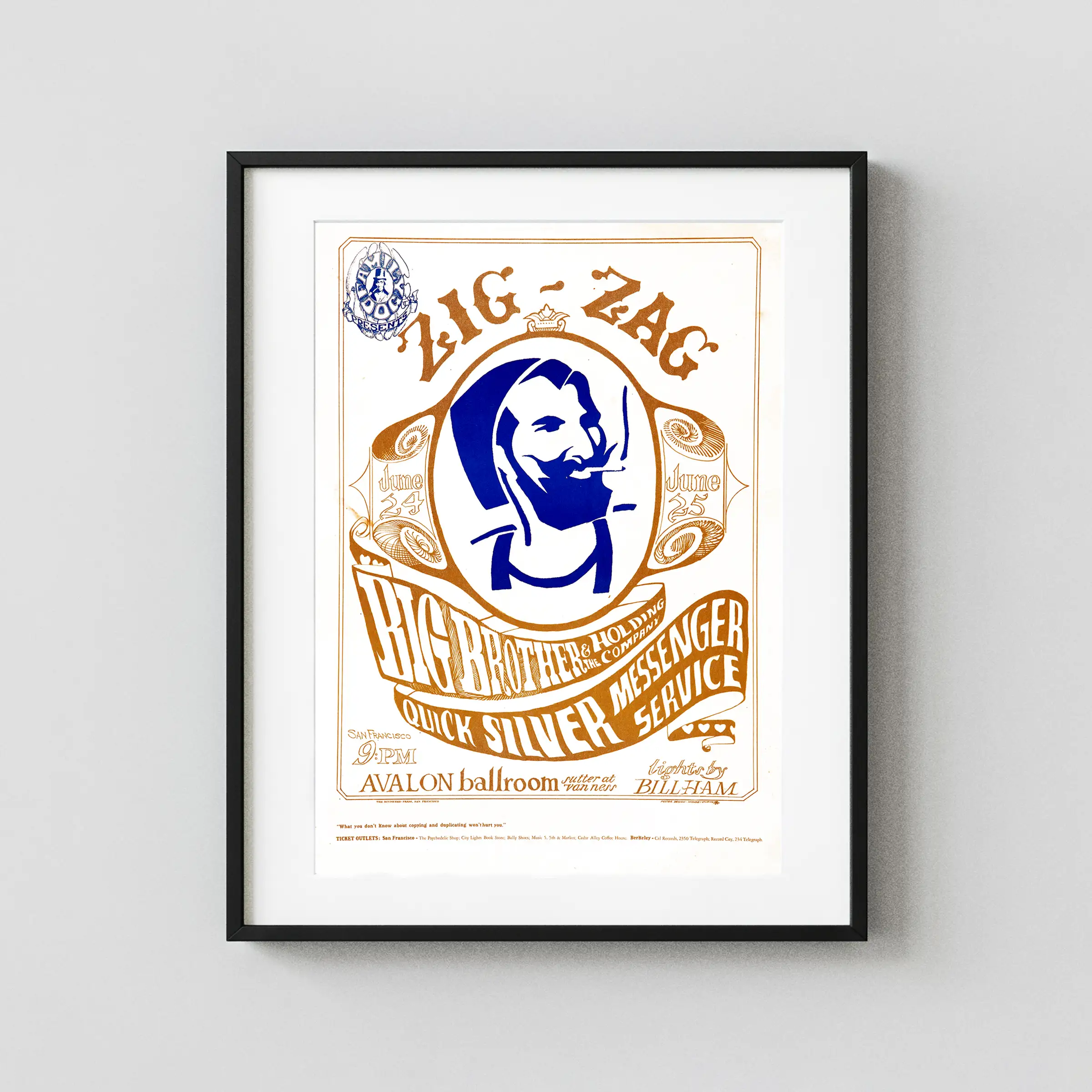 Big Brother & the Holding Company poster with white, cream, and yellow artwork and period lettering.