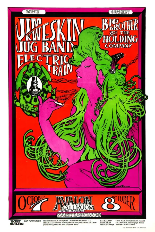 Big Brother with Janis Joplin 1966 "Woman with Green Hair" Poster featuring white, red, and deep green vertical artwork.