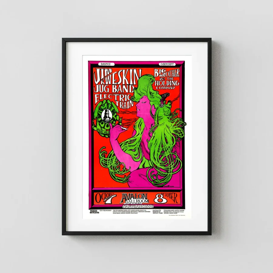 Big Brother with Janis Joplin 1966 "Woman with Green Hair" Poster featuring white, red, and deep green vertical artwork.