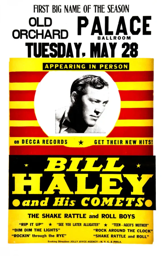 Bill Haley & His Comets poster with white, black, and yellow artwork and period lettering.