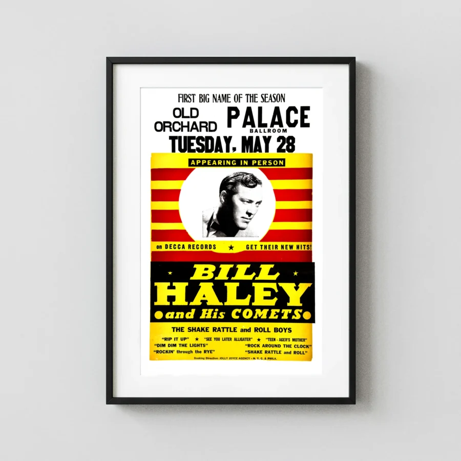 Bill Haley & His Comets poster with white, black, and yellow artwork and period lettering.