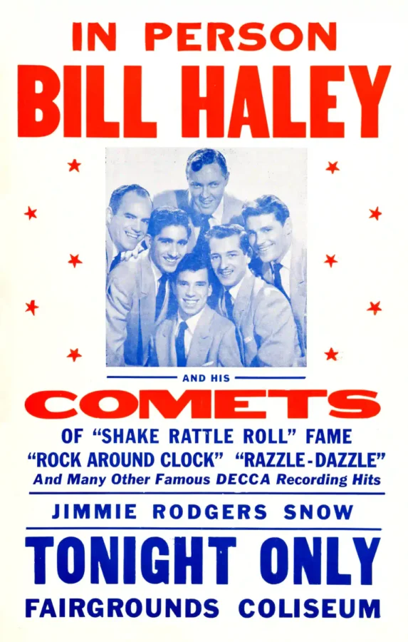 Bill Haley and His Comets 1955 "Rock Around the Clock" Concert Poster featuring white, blue, and rose vertical artwork.
