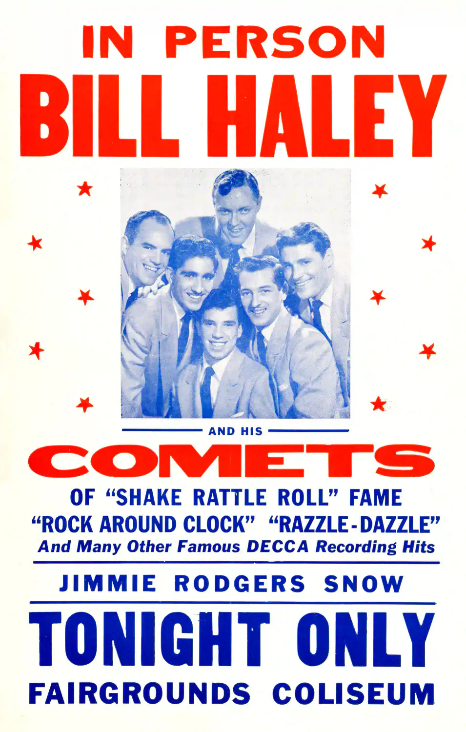 Bill Haley and His Comets 1955 "Rock Around the Clock" Concert Poster featuring white, blue, and rose vertical artwork.