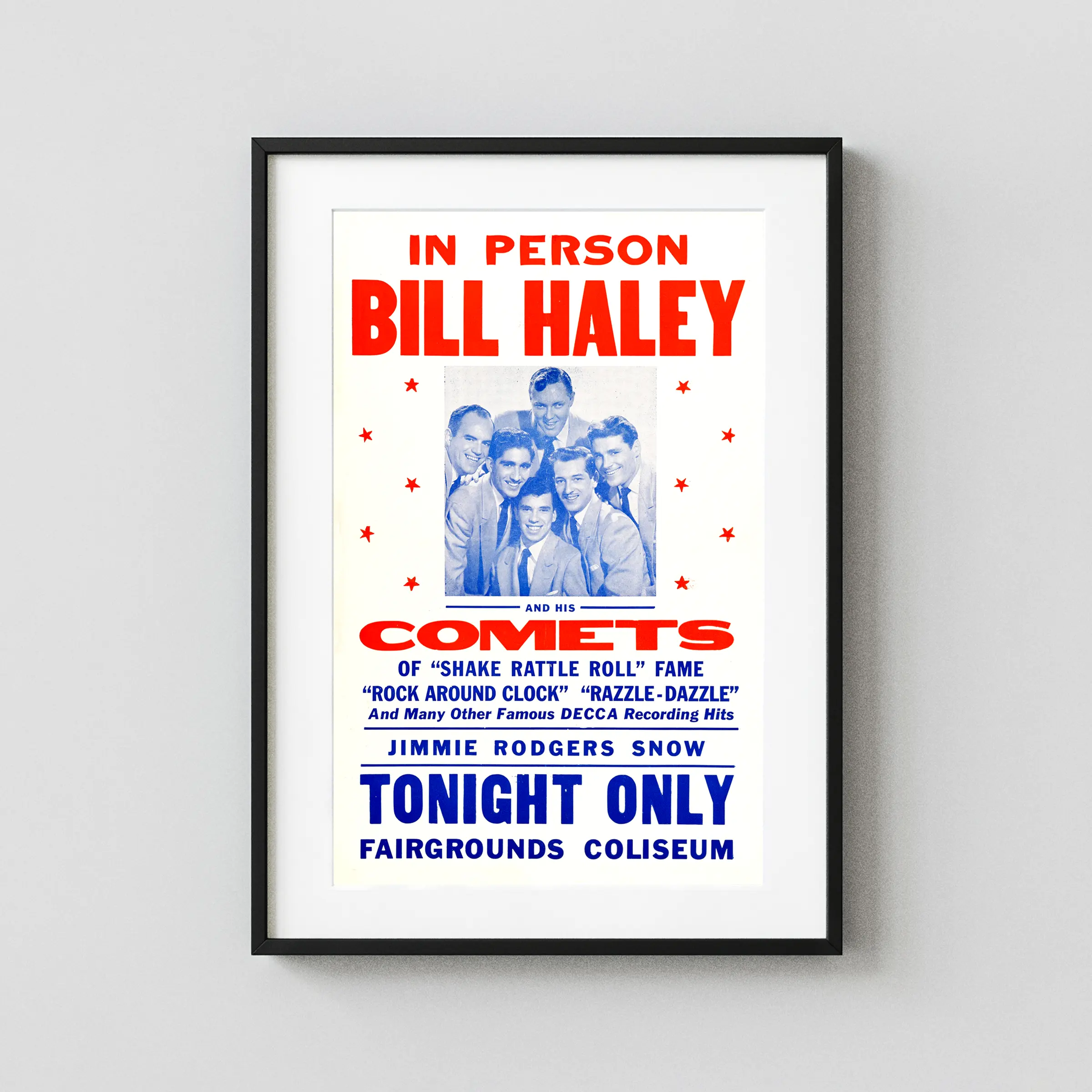 Bill Haley and His Comets 1955 "Rock Around the Clock" Concert Poster featuring white, blue, and rose vertical artwork.