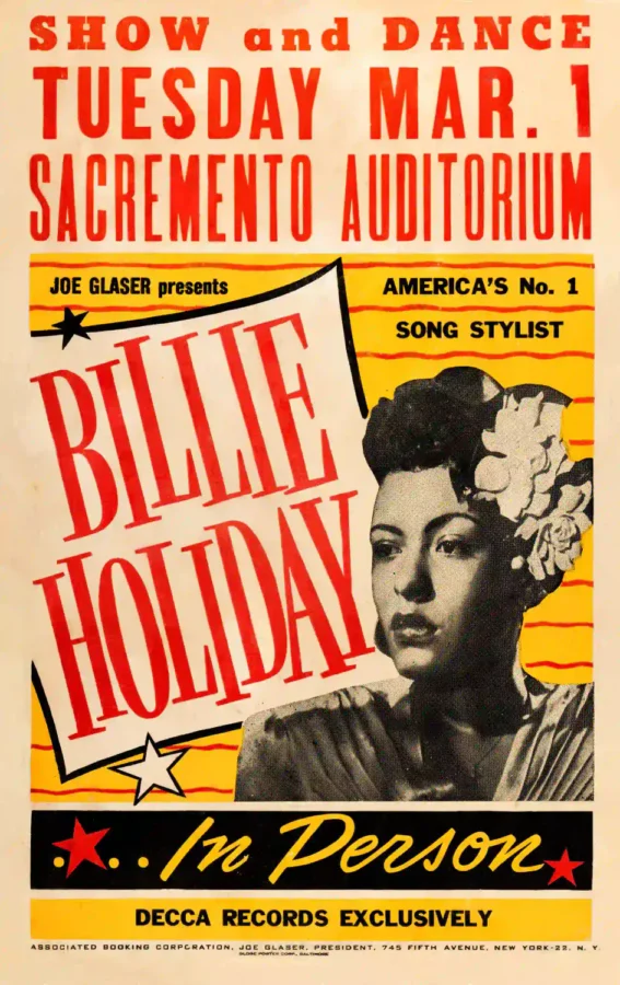 Billie Holiday 1949 "America's No. 1 Song Stylist" Globe Concert Poster featuring orange, black, and red vertical artwork.