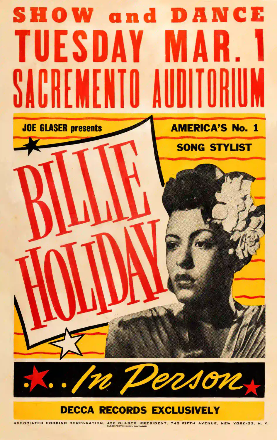 Billie Holiday 1949 "America's No. 1 Song Stylist" Globe Concert Poster featuring orange, black, and red vertical artwork.