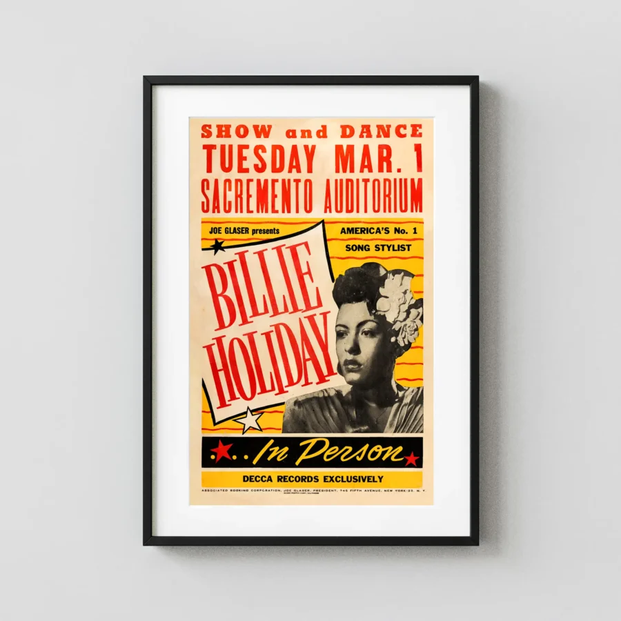 Billie Holiday 1949 "America's No. 1 Song Stylist" Globe Concert Poster featuring orange, black, and red vertical artwork.