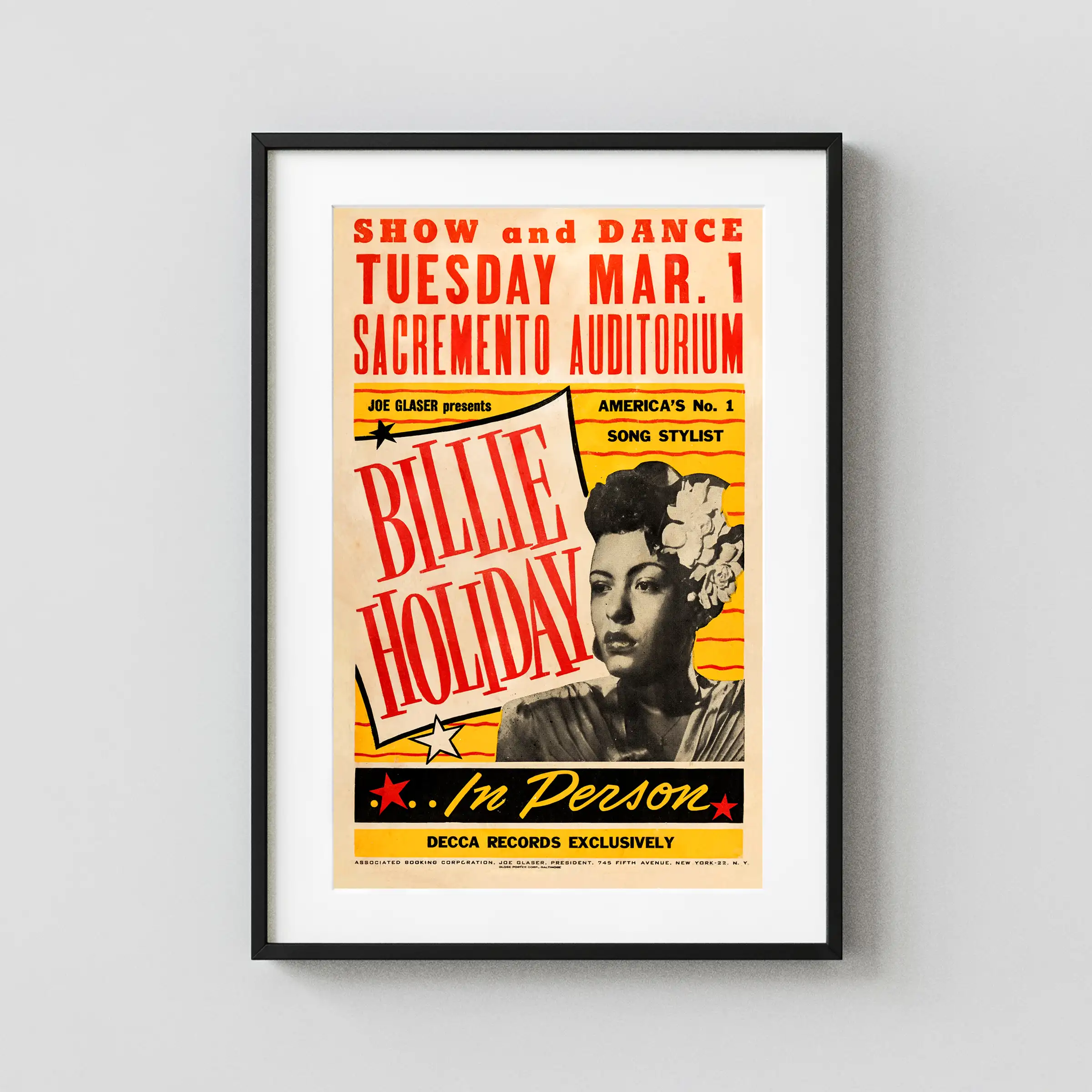 Billie Holiday 1949 "America's No. 1 Song Stylist" Globe Concert Poster featuring orange, black, and red vertical artwork.
