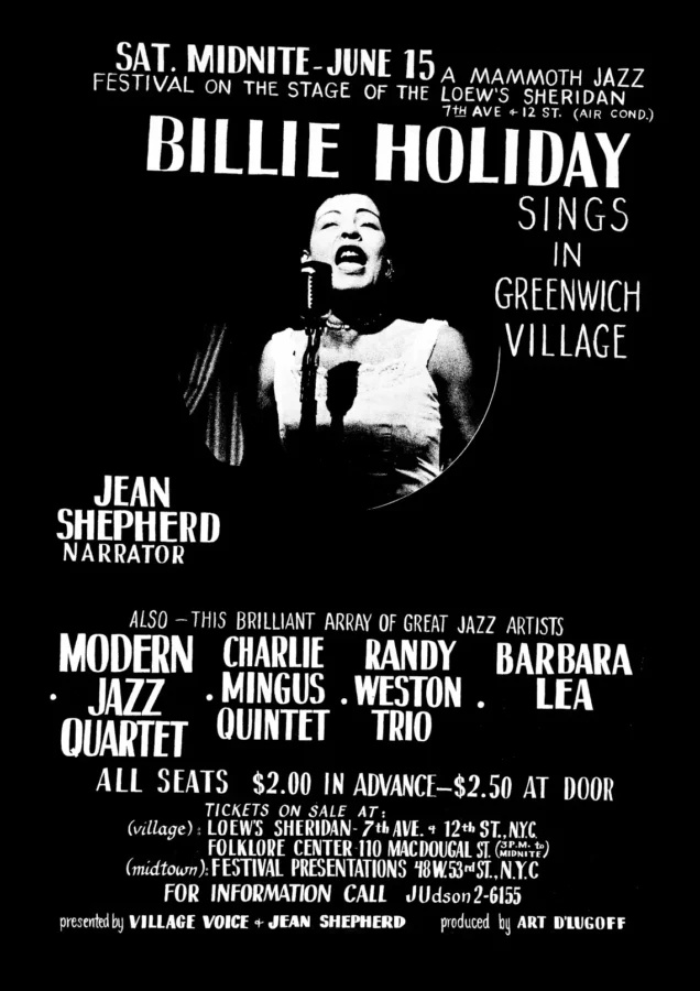 Billie Holiday 1957 Greenwich Village, NYC Large Handbill Music Poster featuring black, charcoal, and gray vertical artwork.