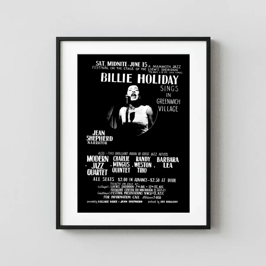 Billie Holiday 1957 Greenwich Village, NYC Large Handbill Music Poster featuring black, charcoal, and gray vertical artwork.