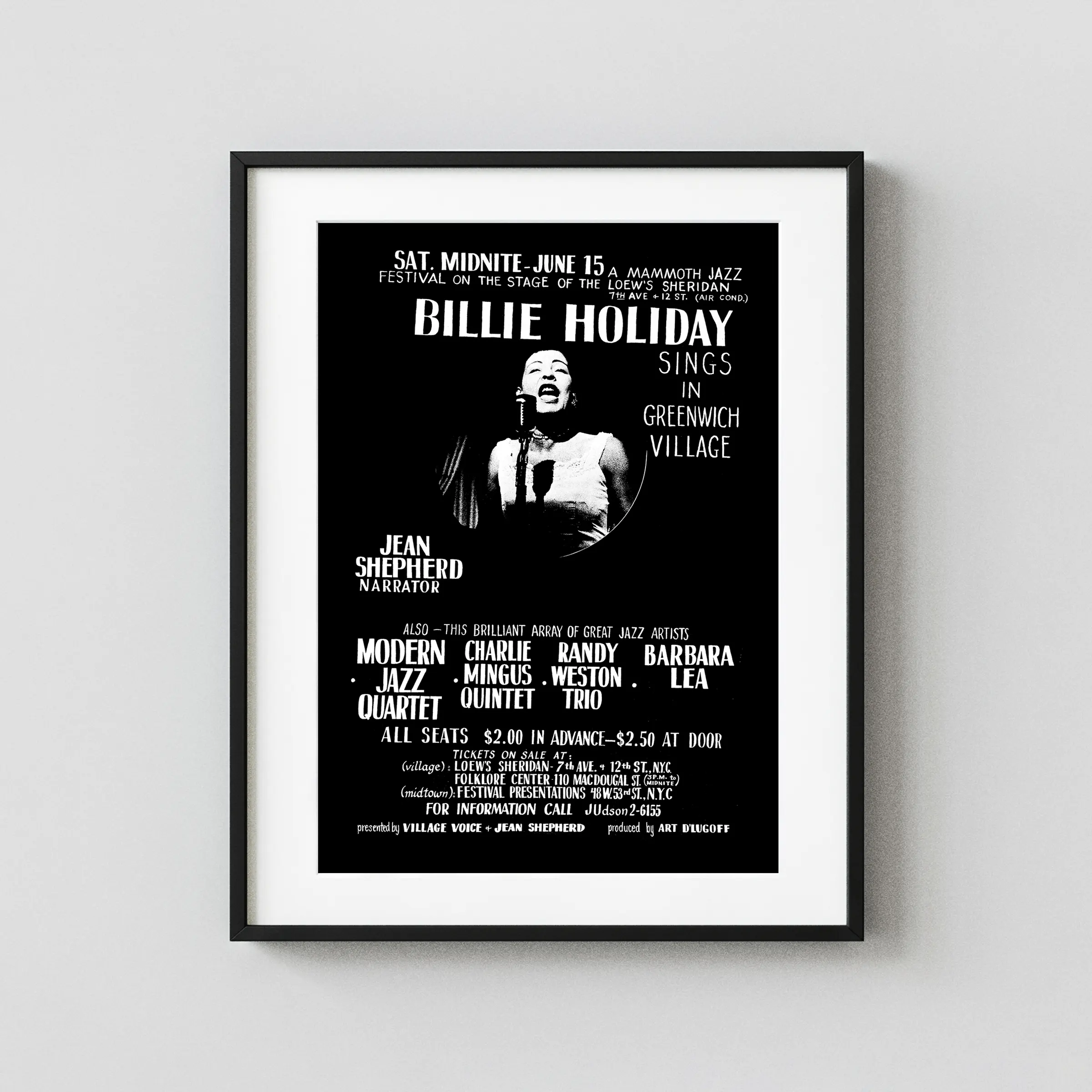 Billie Holiday 1957 Greenwich Village, NYC Large Handbill Music Poster featuring black, charcoal, and gray vertical artwork.