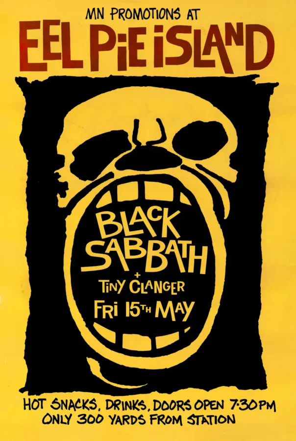 Black Sabbath 1970 Eel Pie Island, England Concert Poster featuring black, yellow, and white vertical artwork.