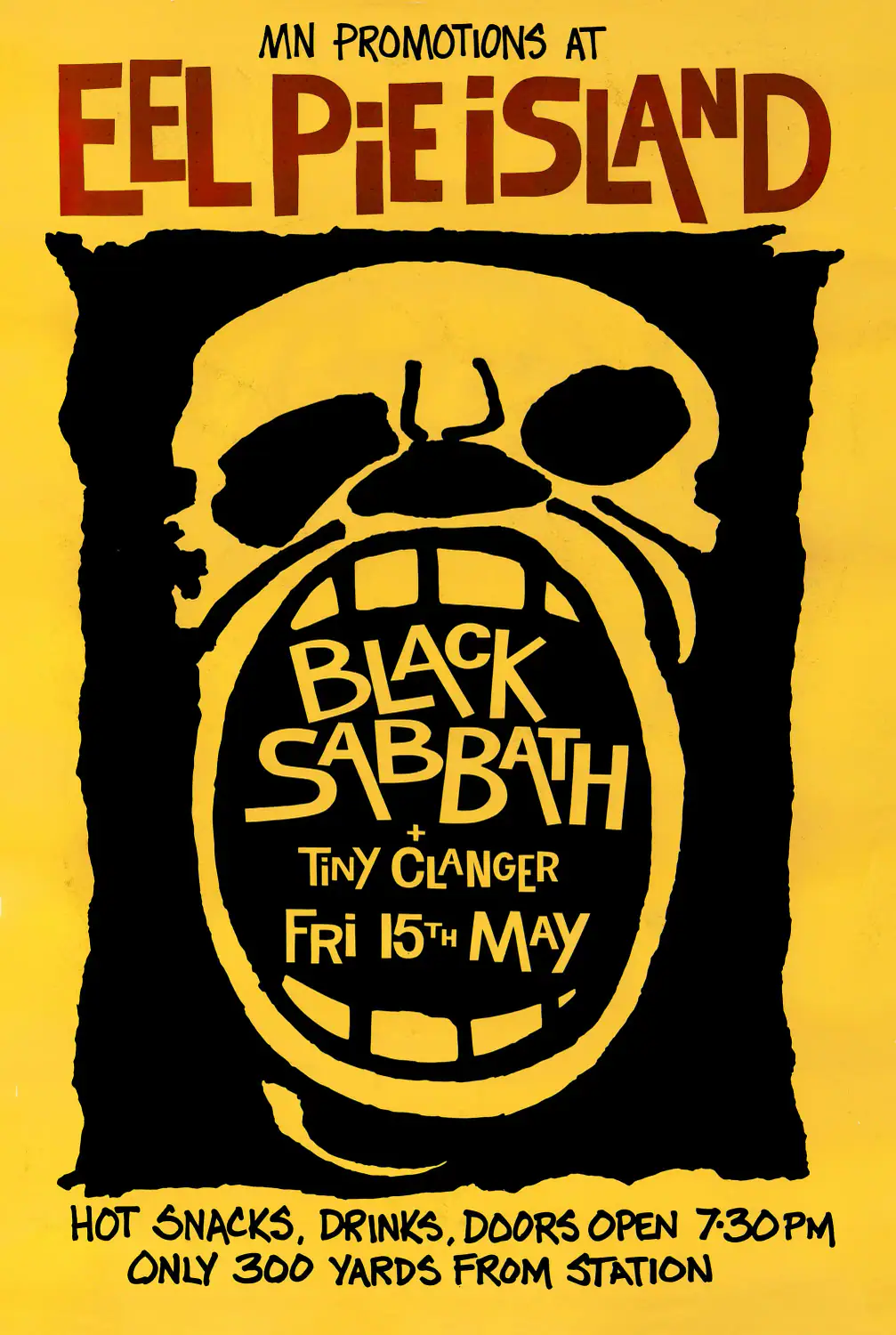 Black Sabbath 1970 Eel Pie Island, England Concert Poster featuring black, yellow, and white vertical artwork.