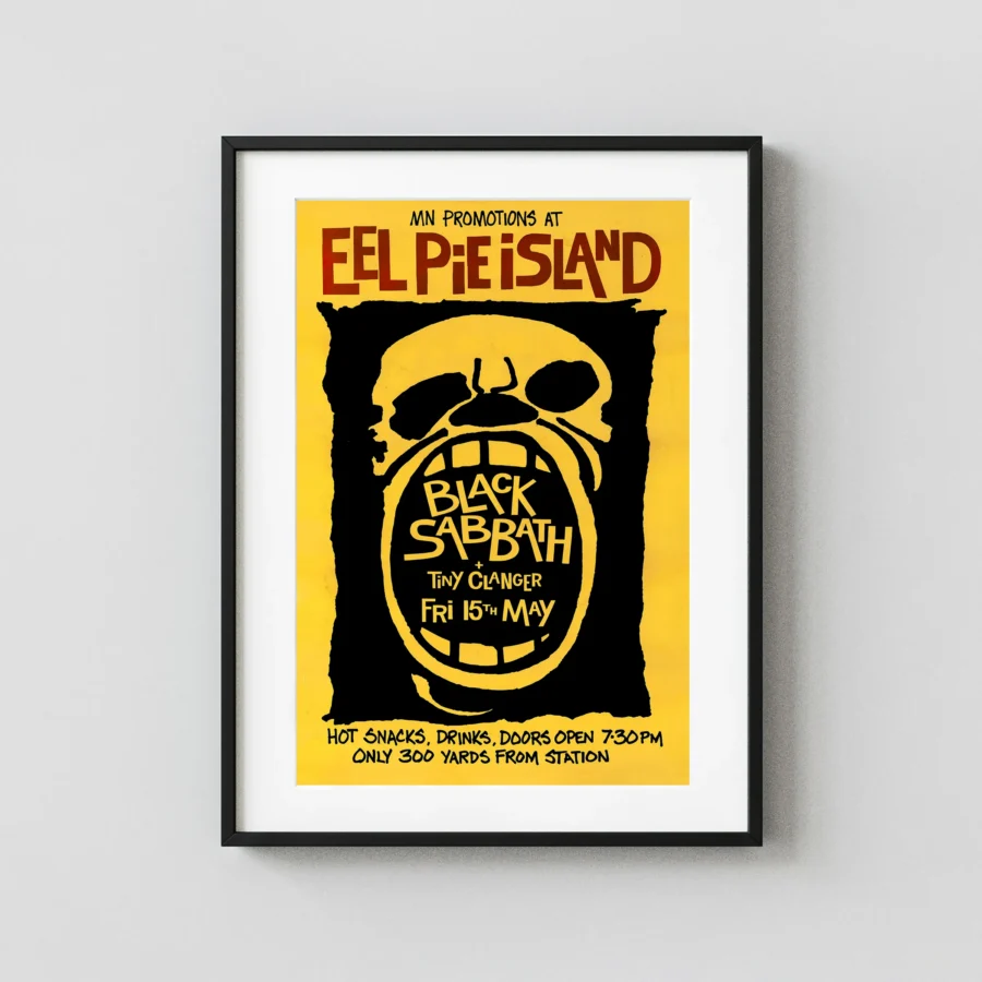 Black Sabbath 1970 Eel Pie Island, England Concert Poster featuring black, yellow, and white vertical artwork.