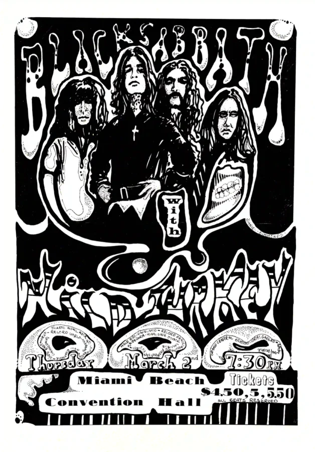 Black Sabbath poster with white, black, and charcoal artwork and period lettering.
