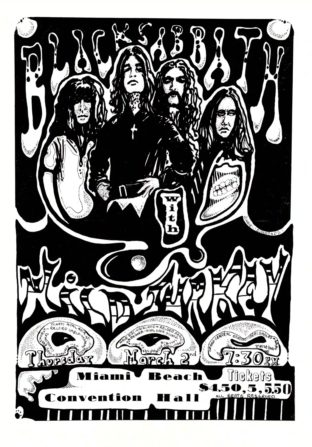 Black Sabbath poster with white, black, and charcoal artwork and period lettering.