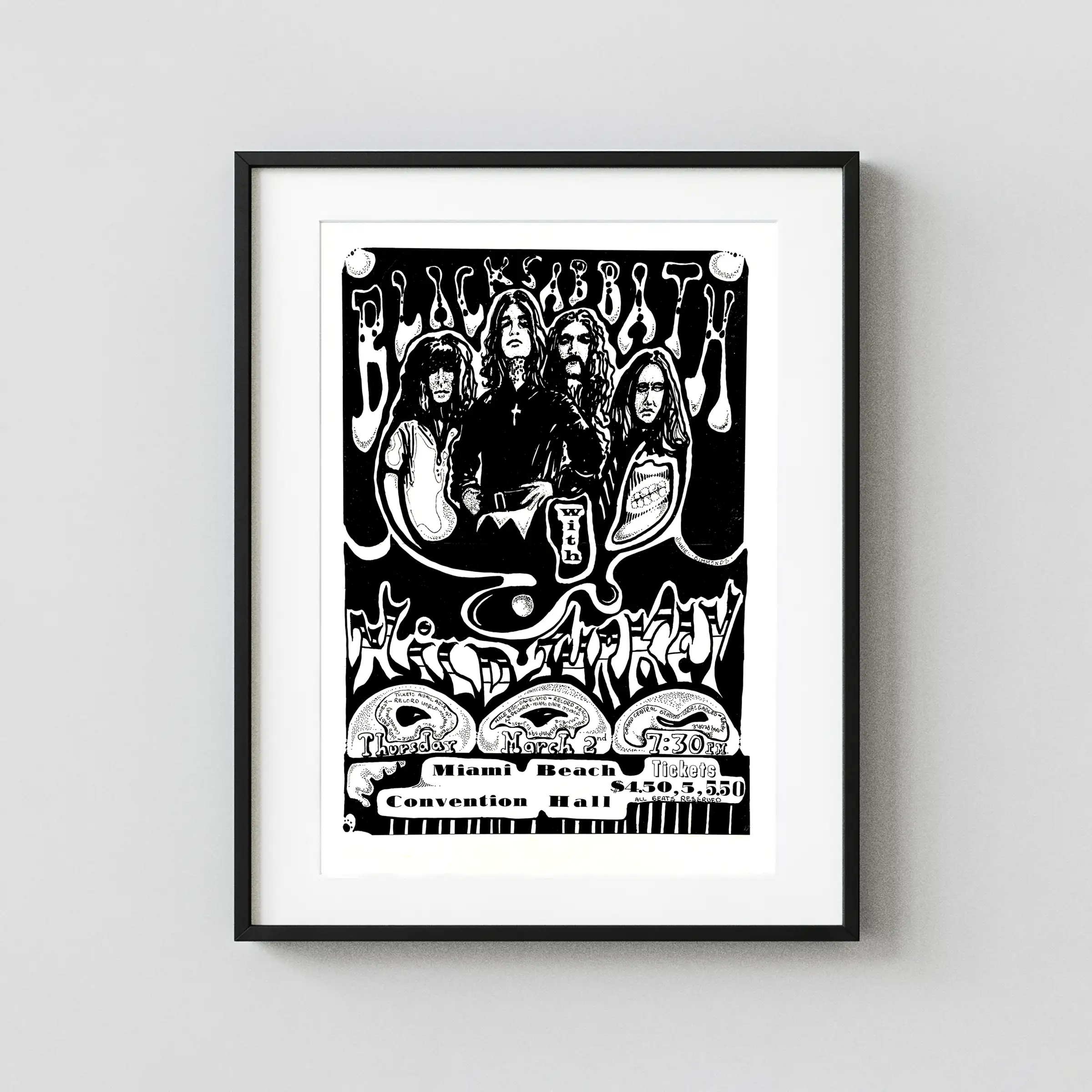 Black Sabbath poster with white, black, and charcoal artwork and period lettering.
