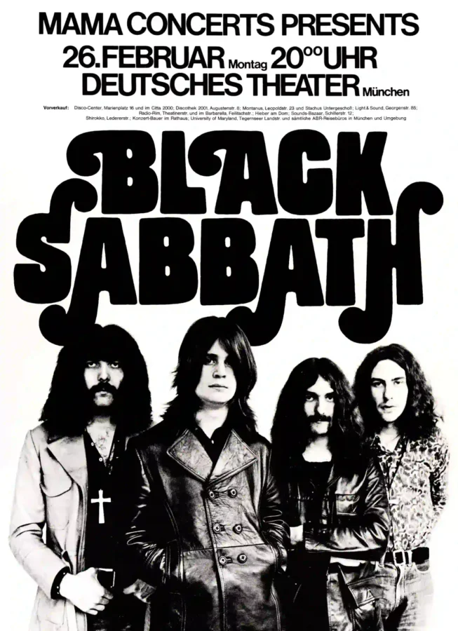 Black Sabbath 1973 Munich, Germany Concert Poster featuring black, white, and charcoal vertical artwork.