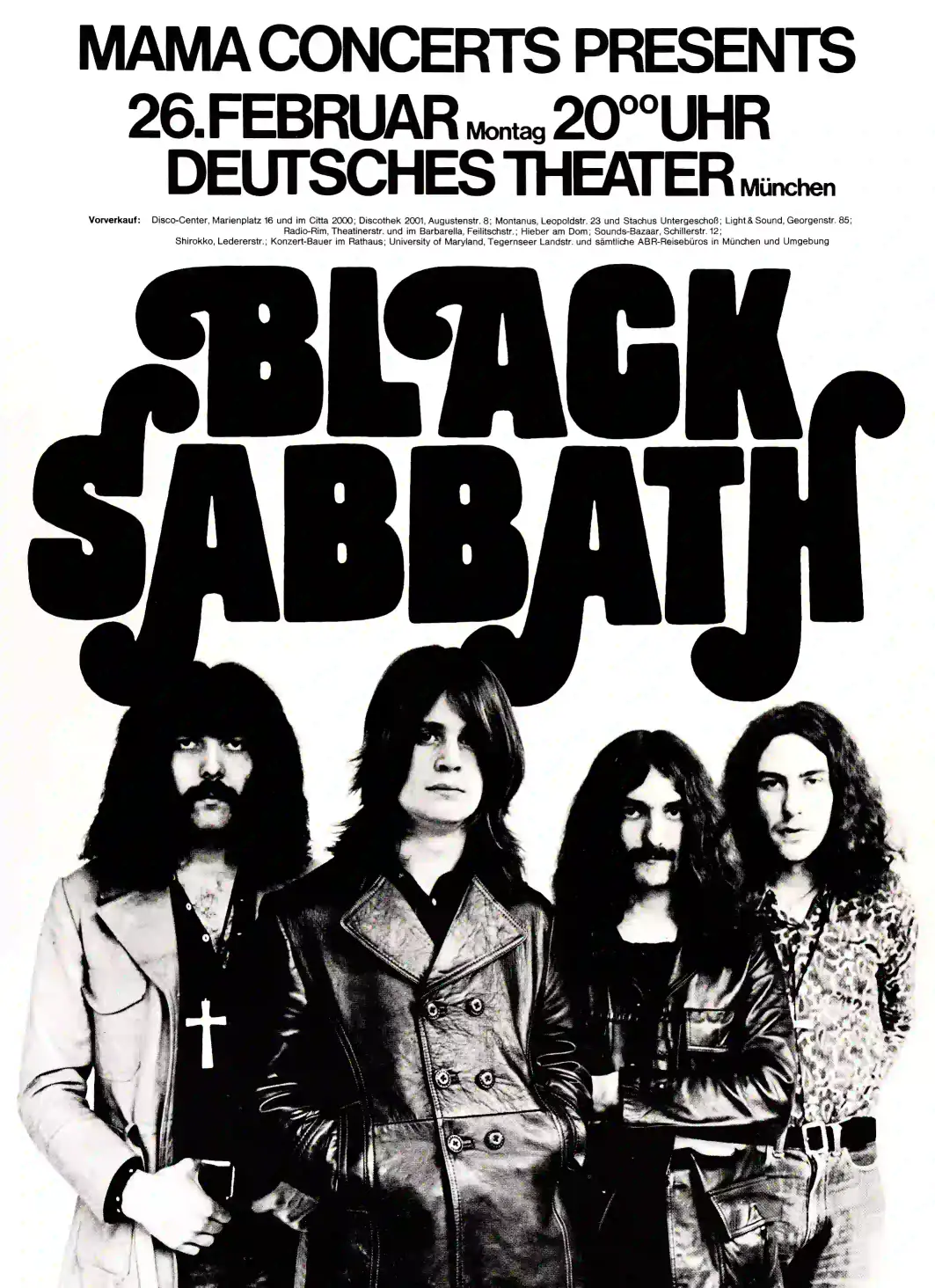 Black Sabbath 1973 Munich, Germany Concert Poster featuring black, white, and charcoal vertical artwork.