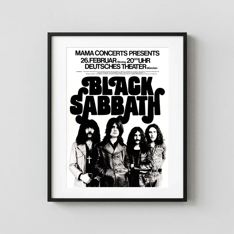 Black Sabbath 1973 Munich, Germany Concert Poster featuring black, white, and charcoal vertical artwork.