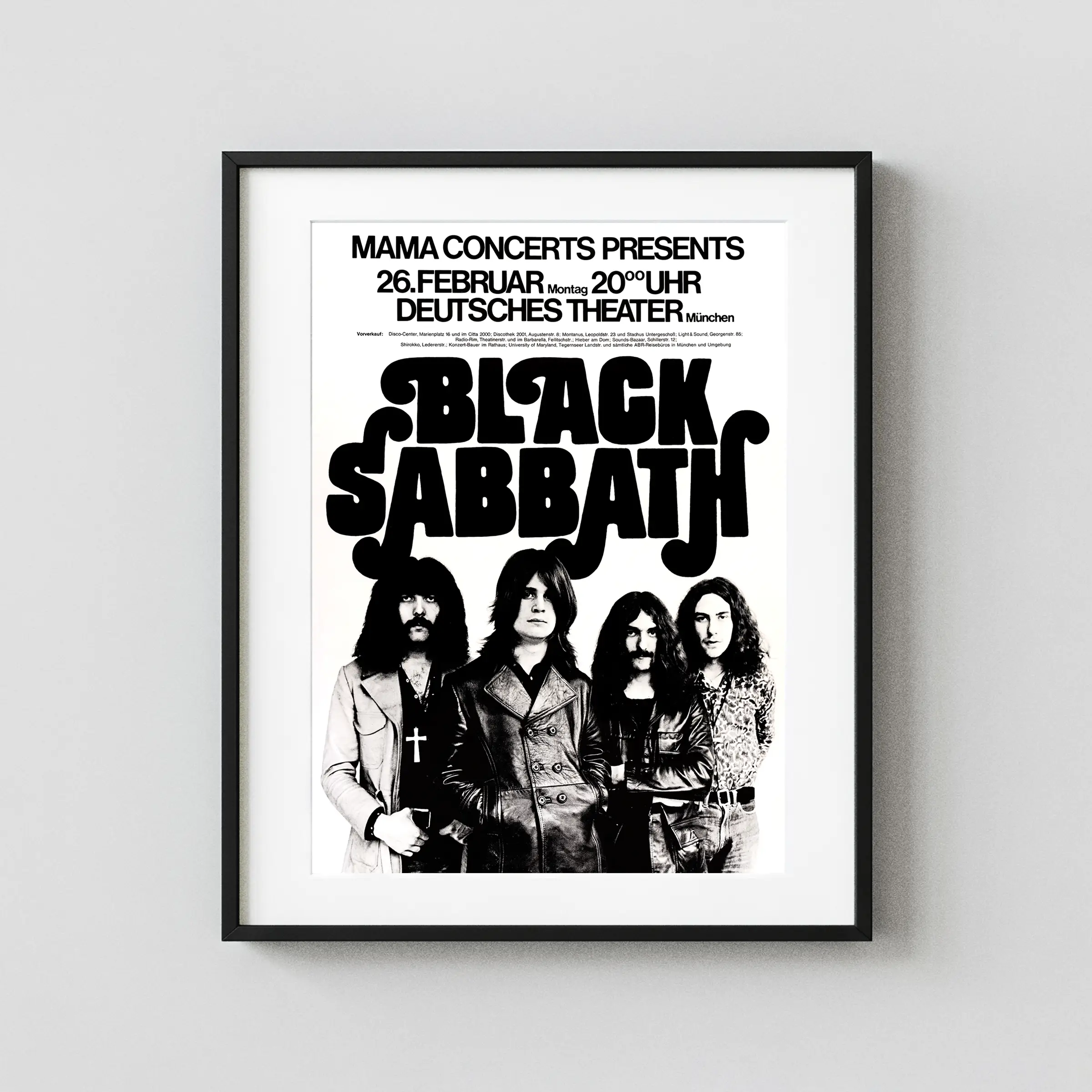 Black Sabbath 1973 Munich, Germany Concert Poster featuring black, white, and charcoal vertical artwork.