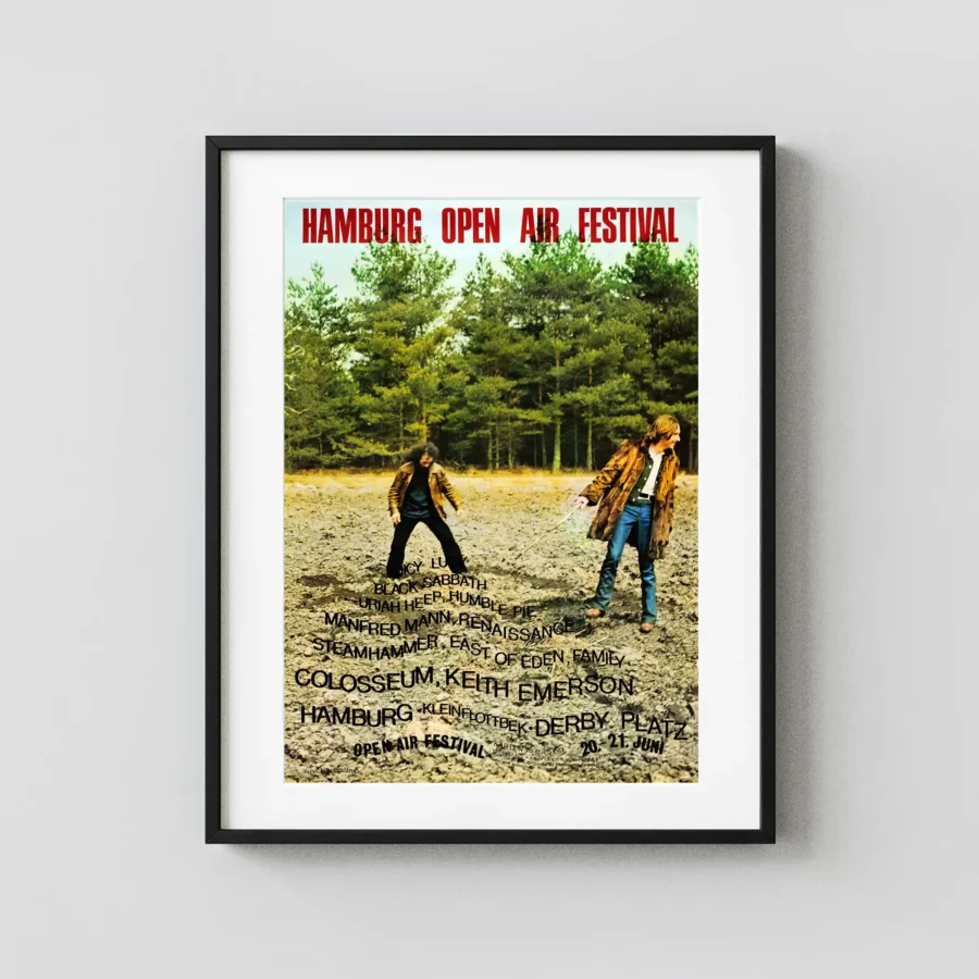 Black Sabbath, Humble Pie, Uriah Heep poster with charcoal, yellow, and white artwork and period lettering.