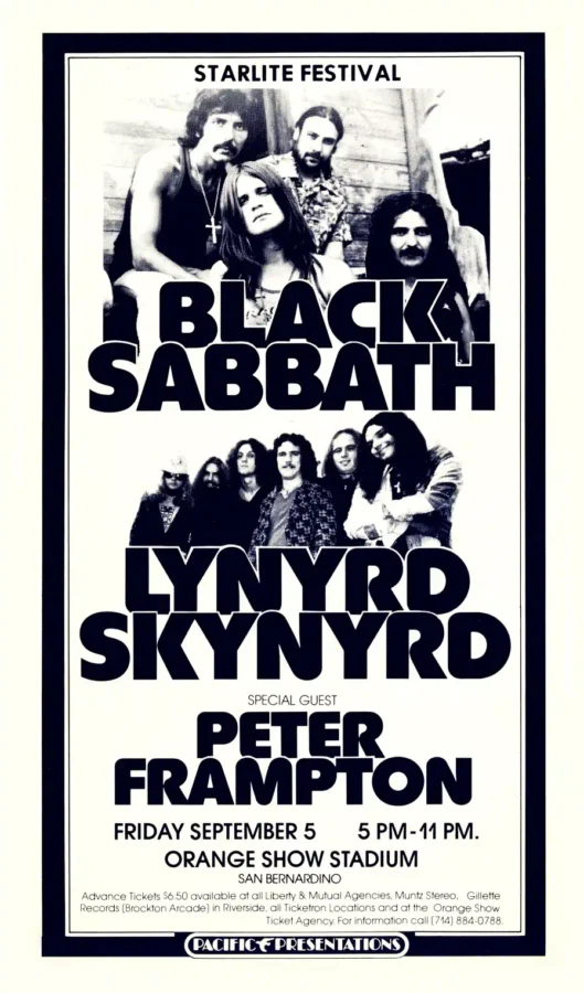 Black Sabbath, Lynyrd Skynyrd, Peter Frampton poster with white, black, and light gray artwork and period lettering.