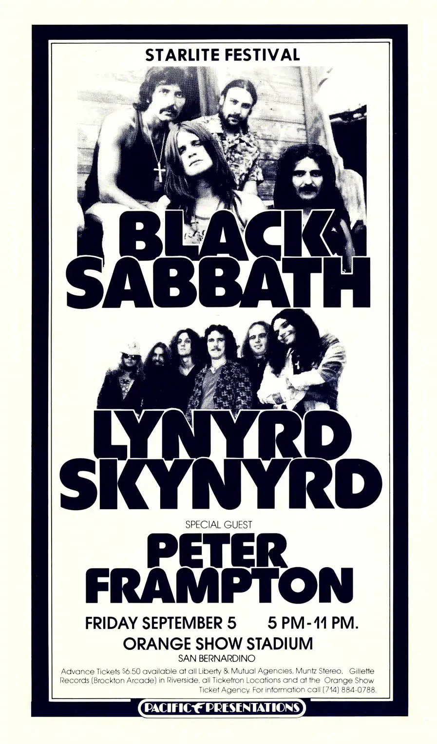Black Sabbath, Lynyrd Skynyrd, Peter Frampton poster with white, black, and light gray artwork and period lettering.