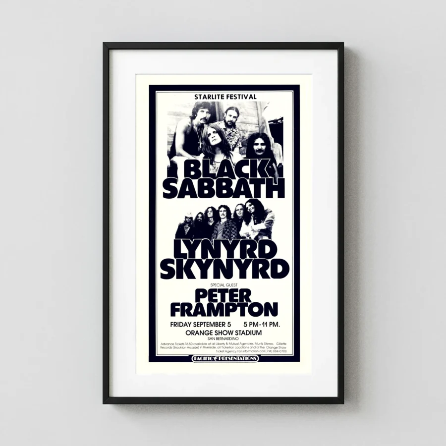Black Sabbath, Lynyrd Skynyrd, Peter Frampton poster with white, black, and light gray artwork and period lettering.