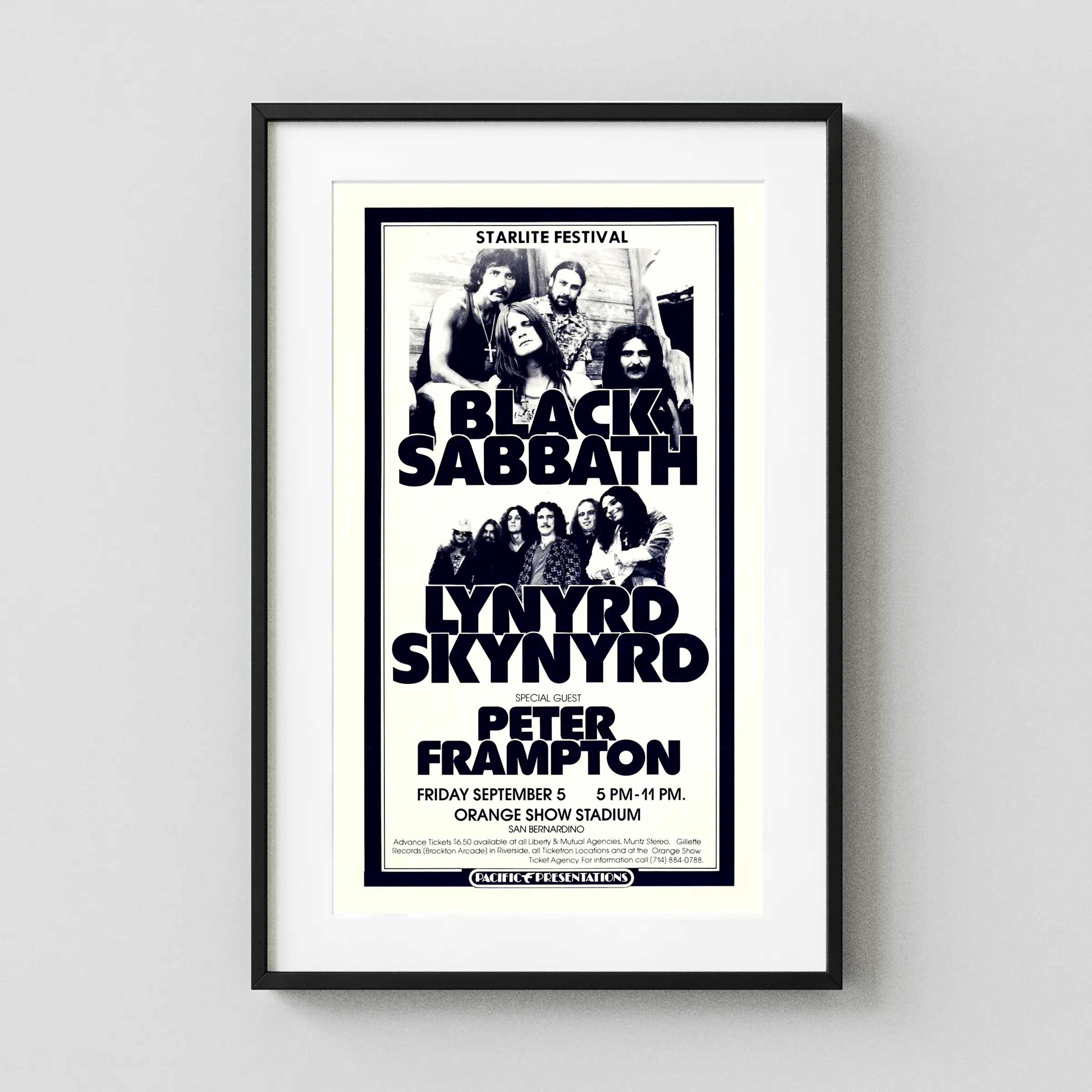 Black Sabbath, Lynyrd Skynyrd, Peter Frampton poster with white, black, and light gray artwork and period lettering.