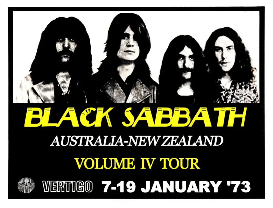 Black Sabbath, Ozzy Osbourne 1973 Australia-New Zealand Tour Poster featuring white, black, and charcoal vertical artwork.