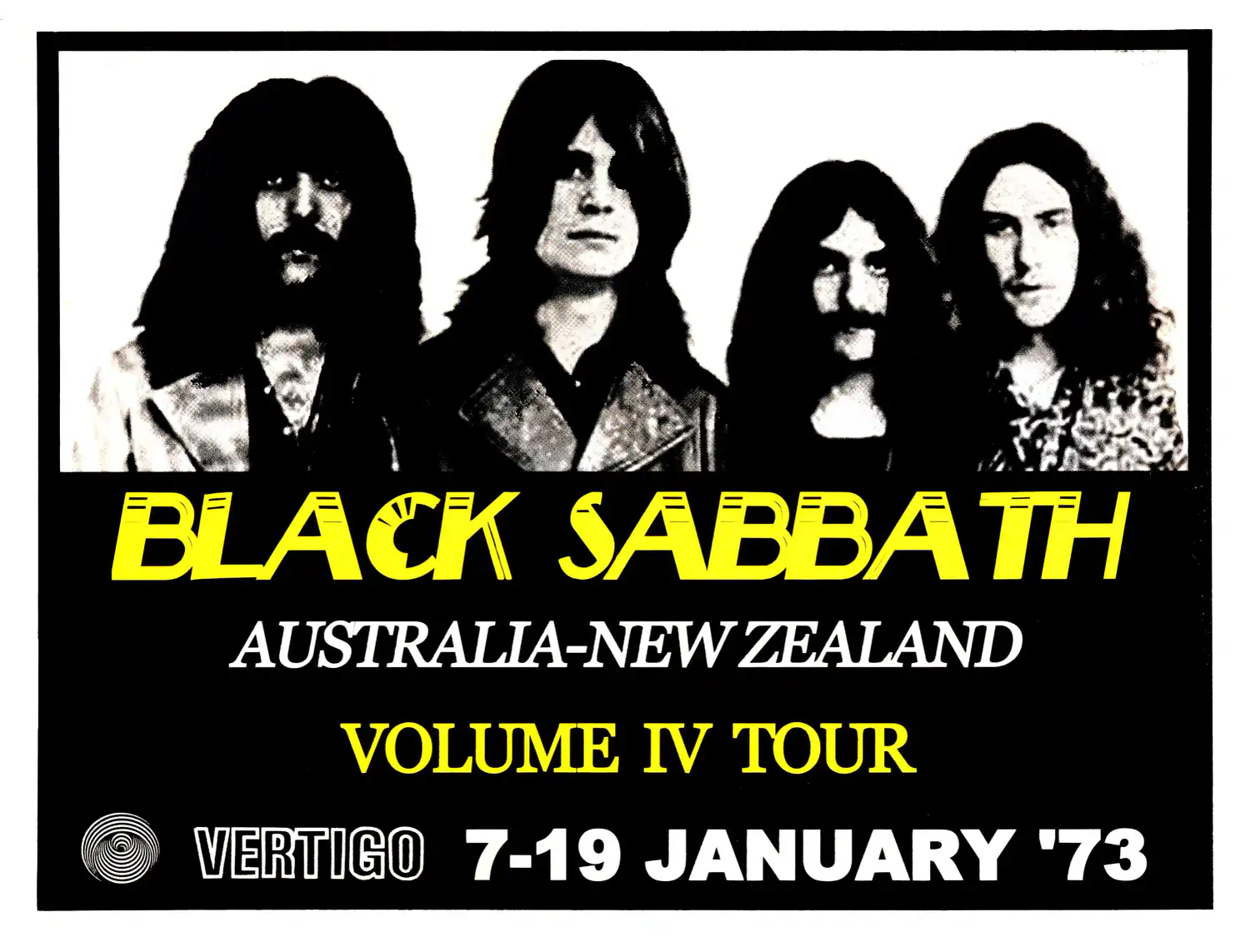 Black Sabbath, Ozzy Osbourne 1973 Australia-New Zealand Tour Poster featuring white, black, and charcoal vertical artwork.