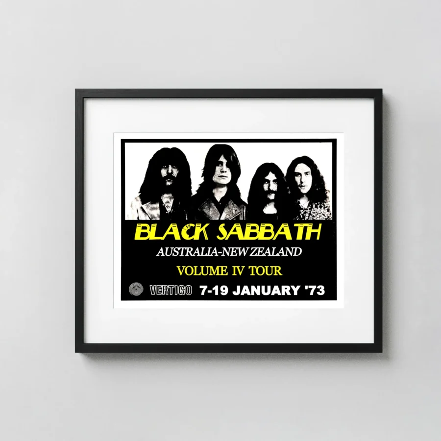 Black Sabbath, Ozzy Osbourne 1973 Australia-New Zealand Tour Poster featuring white, black, and charcoal vertical artwork.