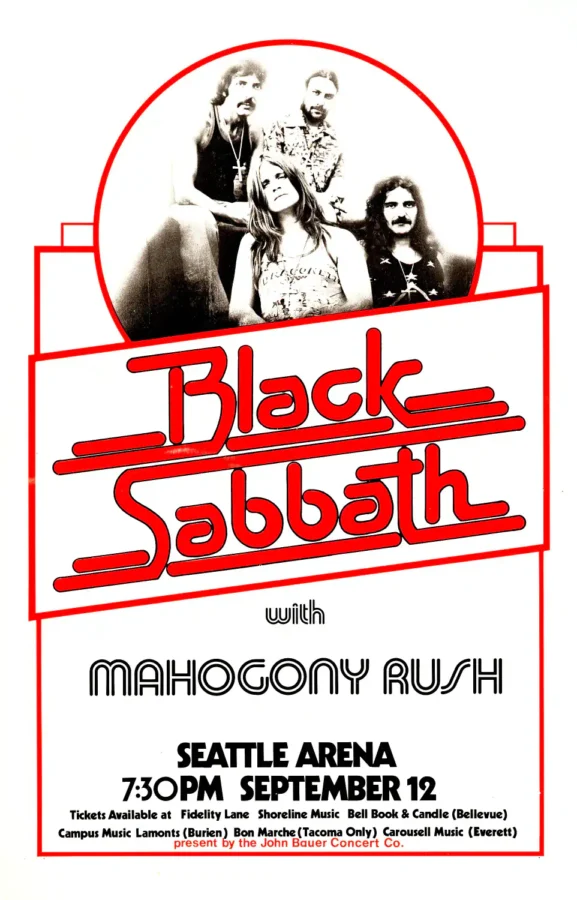 Black Sabbath with Ozzy Osbourne 1975 Seattle, WA Concert Poster featuring white, light gray, and red vertical artwork.
